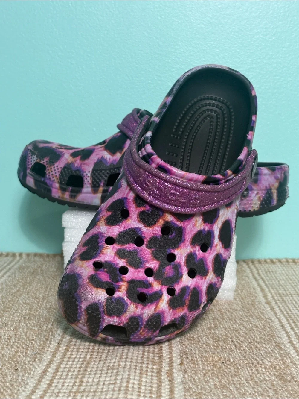 CROCS Kids Purple Leopard Print Clog with Glitter Strap. Croslite Foam. Size-J 2